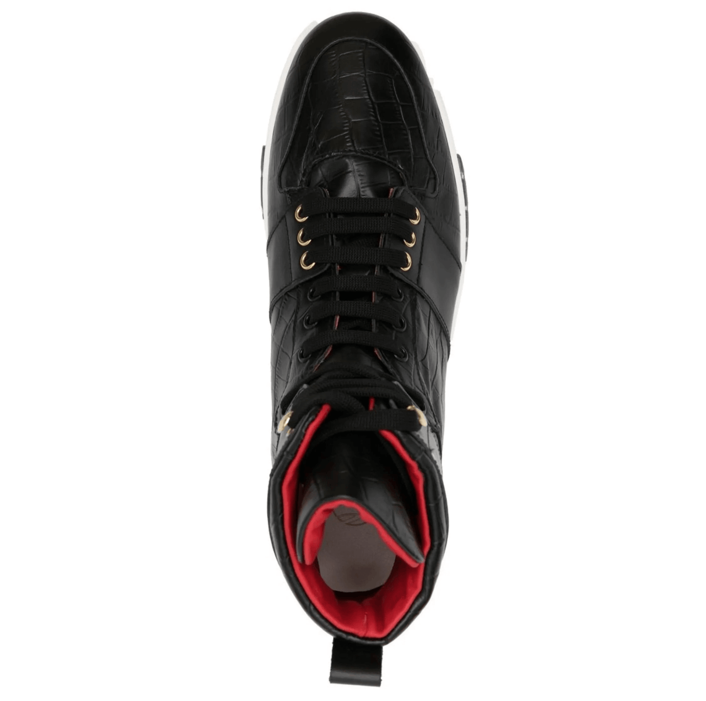 Nero high-top sneakers 275F5R01F100, black leather with red lining, front view, lace-up closure, stylish design.