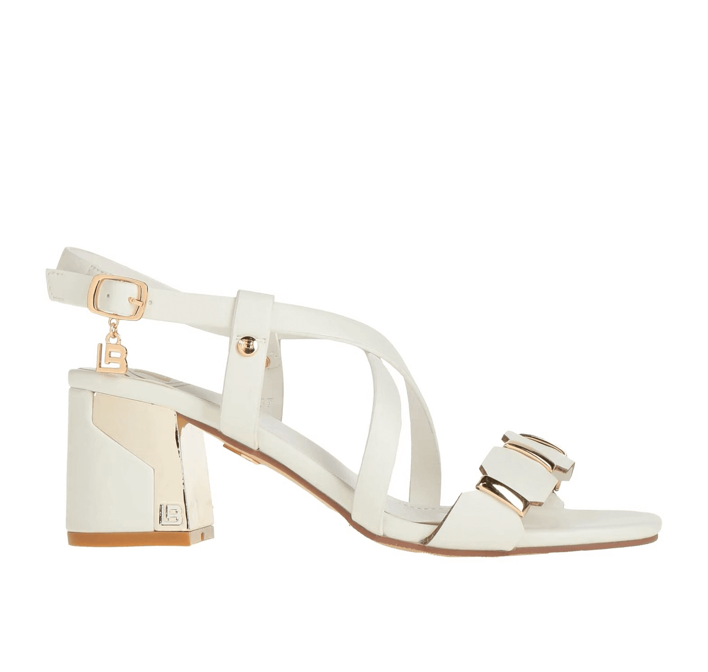 Sandalo donna fabbricazione italiana 50L03R200 in bianco con tacco elegante e dettagli dorati.