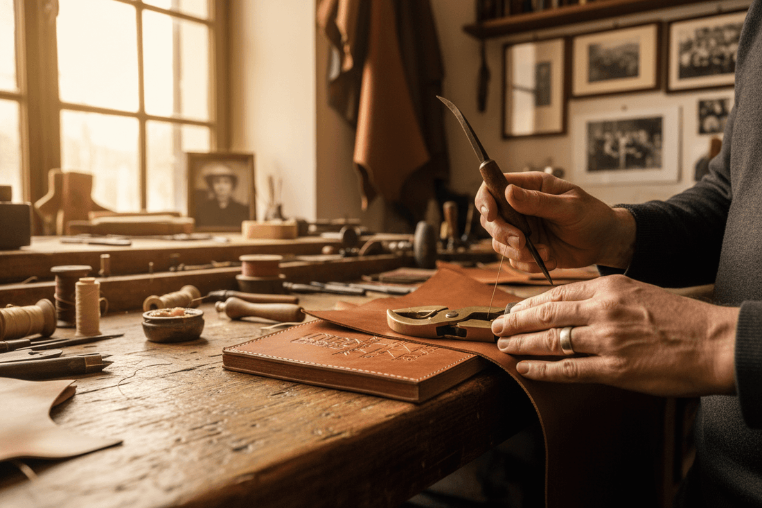 Qualità pelle italiana-Maestria Artigiana, Come Riconoscere. Maestro artigiano al lavoro, evidenziando la qualità pelle italiana nell'atelier di pelletteria.