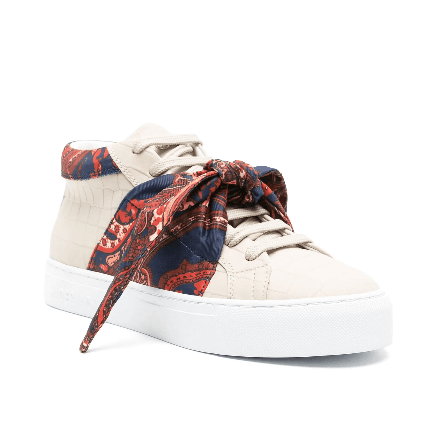 Sneakers donna beige pelle con dettagli in stampa paisley e nodo, design moderno e suola piatta.