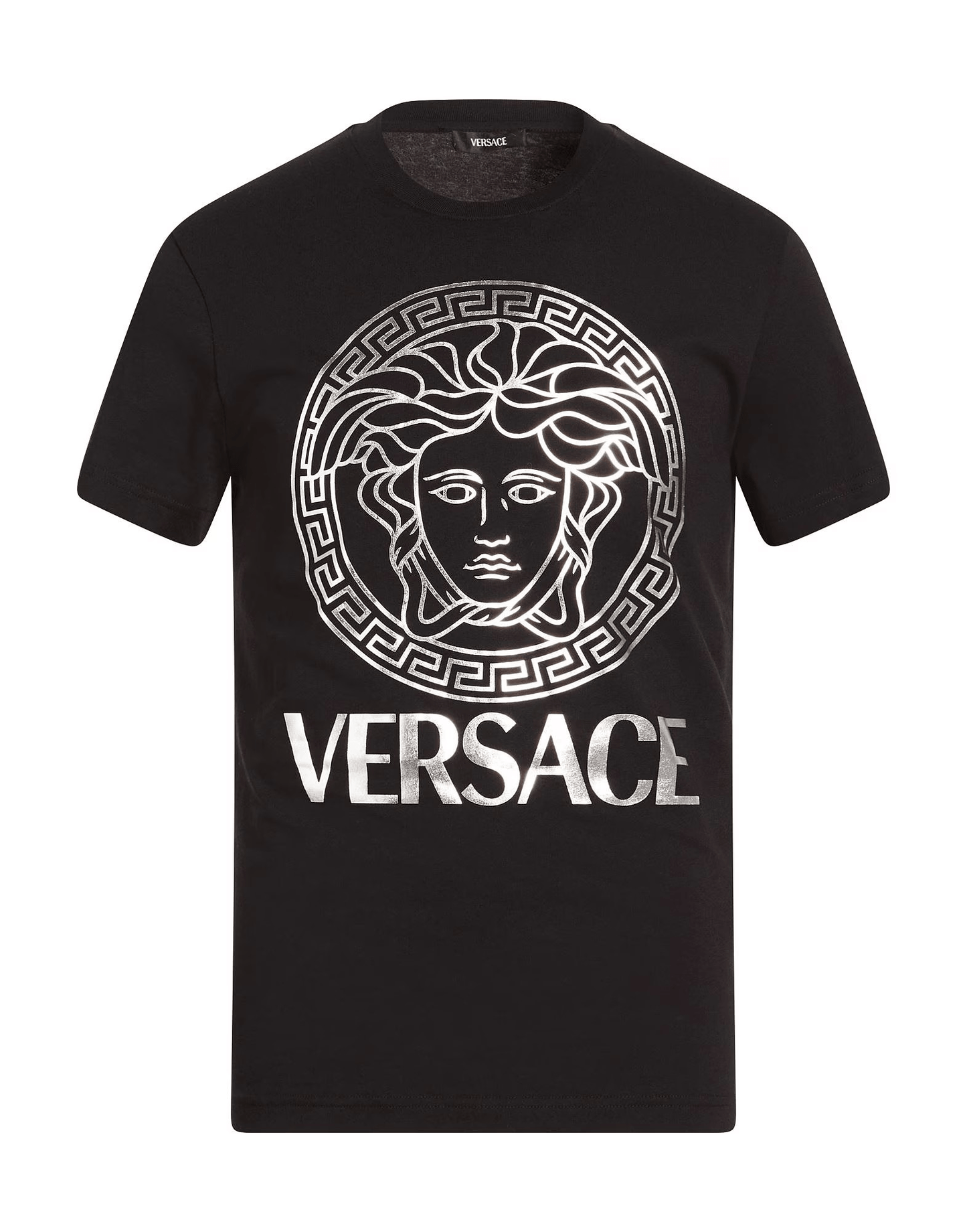 Versace T-Shirt Jersey Metallizzato Bianco 210Y10X02X100 con logo dorato e design iconico su sfondo bianco.