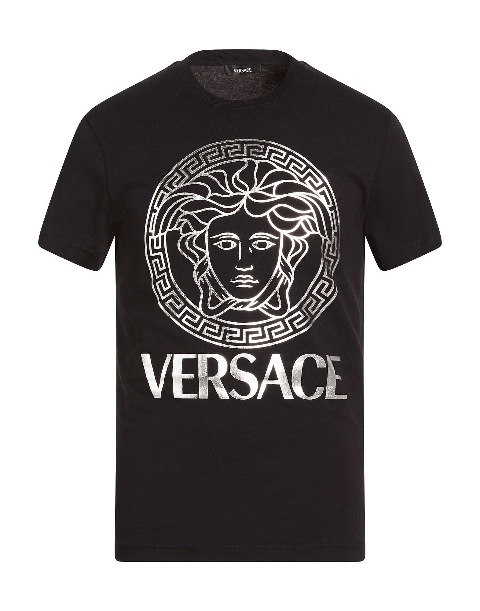Versace T-Shirt Jersey Metallizzato Bianco 210Y10X02X100 con logo dorato e design iconico su sfondo bianco.