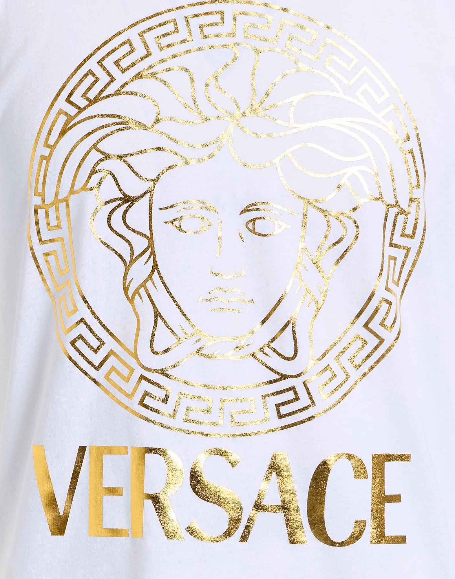 Versace T-Shirt Jersey Metallizzato Bianco 210Y10X02X100 con logo dorato e design iconico su sfondo bianco.