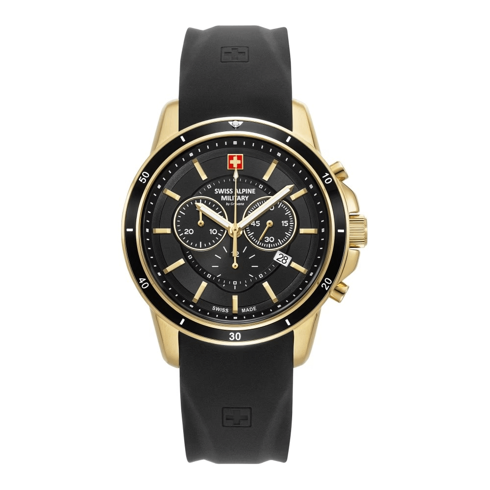 Swiss Alpine 220MNTOROL2M watch featuring a black dial and silicone strap, chronograph function, and luminous hands.