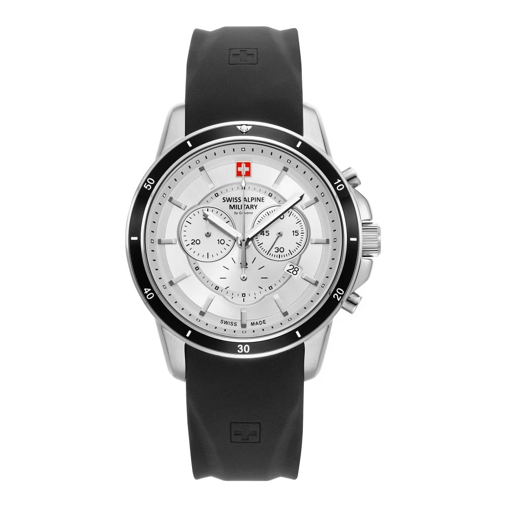Swiss Alpine 220MNTOROL2M watch with chronograph feature and black silicone strap.
