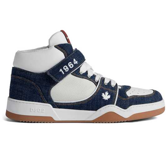 DSQUARED2 Spiker high top sneakers in denim with white accents and gum sole, model number 225FRF00FFT100.