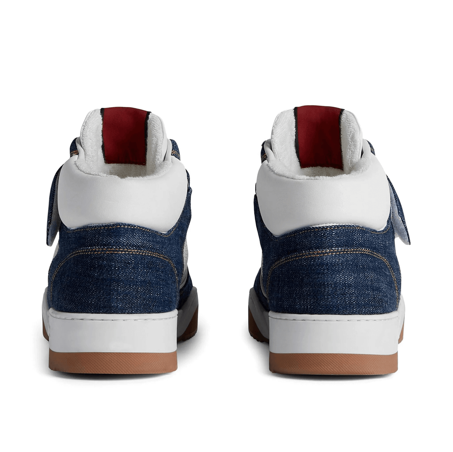 Back view of DSQUARED2 Spiker high top sneakers featuring denim and white leather accents.