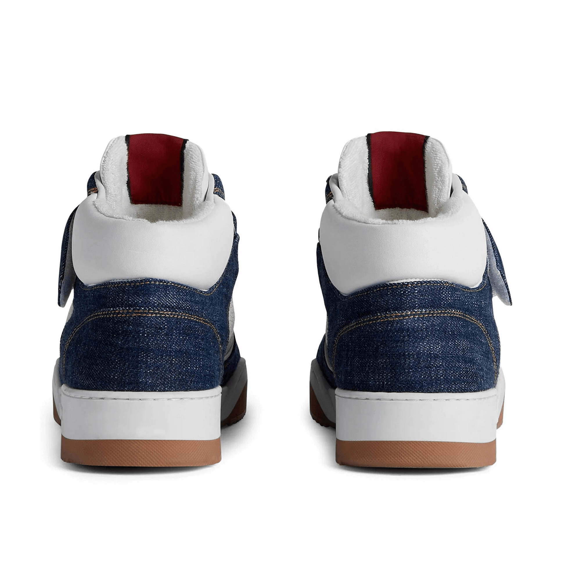 Back view of DSQUARED2 Spiker high top sneakers featuring denim and white leather accents.