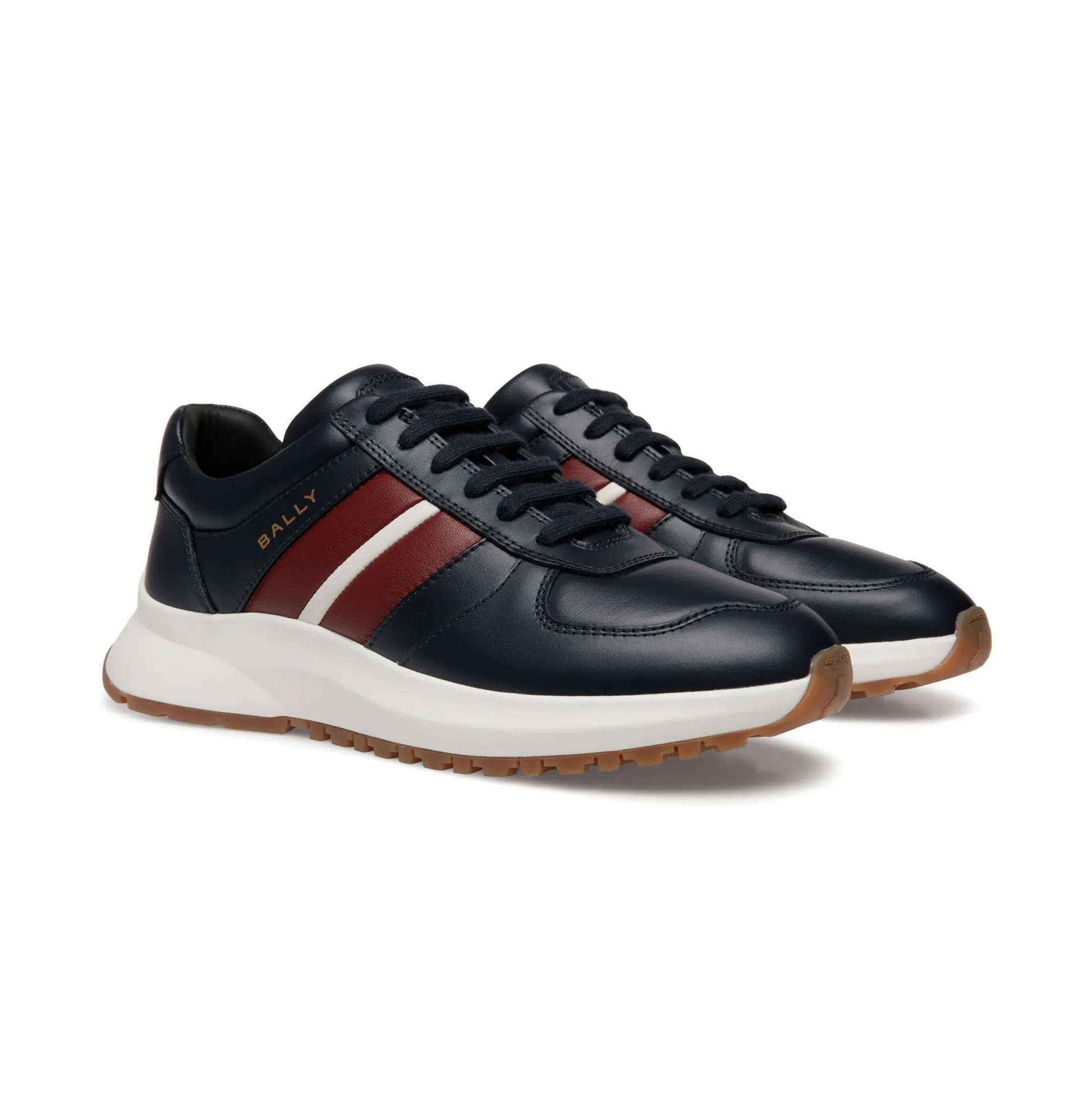 BALLY Sneakers Moda in Pelle di Vitello Made in Italy, sneaker in pelle nera con strisce bordeaux e suola bianca.