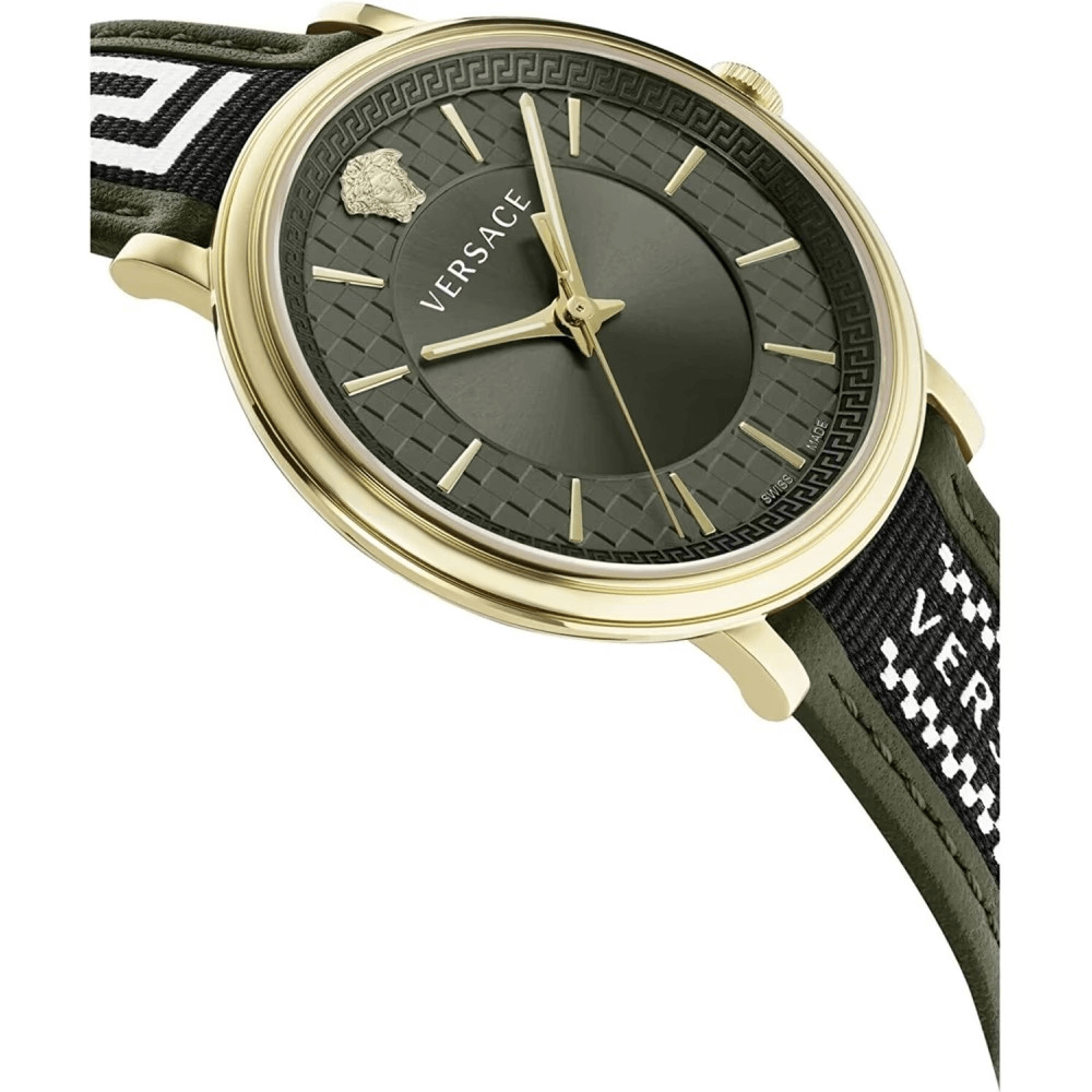Orologio Versace Oro Verde con quadrante verde e cinturino in pelle, elegante accessorio da uomo.