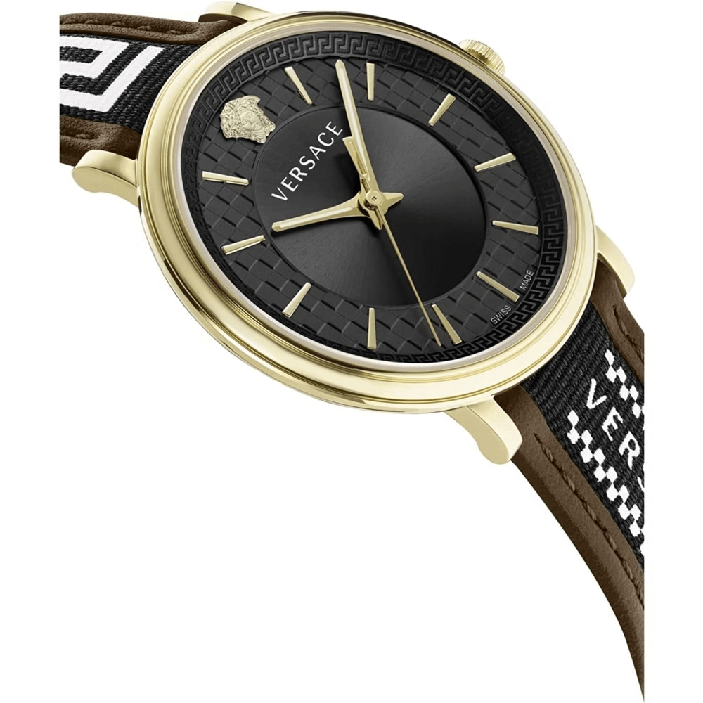 Versace gold brown men's watch with black dial and leather strap, Swiss made, elegant and stylish design.