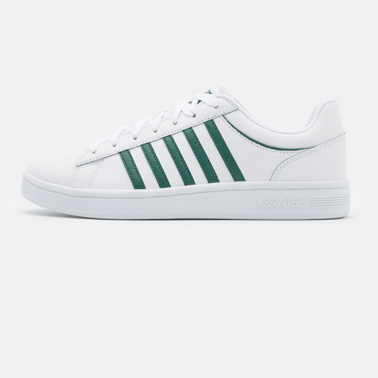 sneakers bianco verde in pelle con dettagli verdi, vista laterale, stile casual e sportivo.