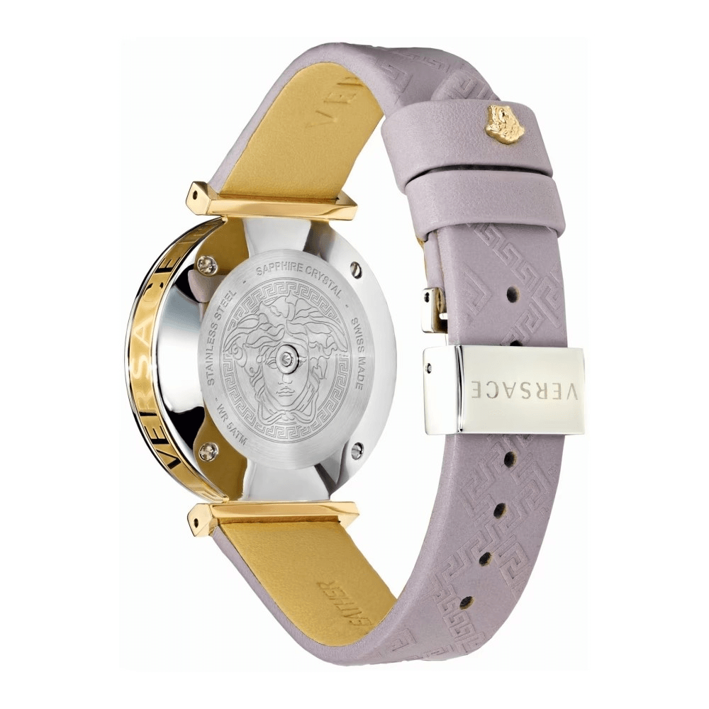 Versace luxury watch 490MNTOROL3D showcasing the back with gold accents and light pink leather strap.