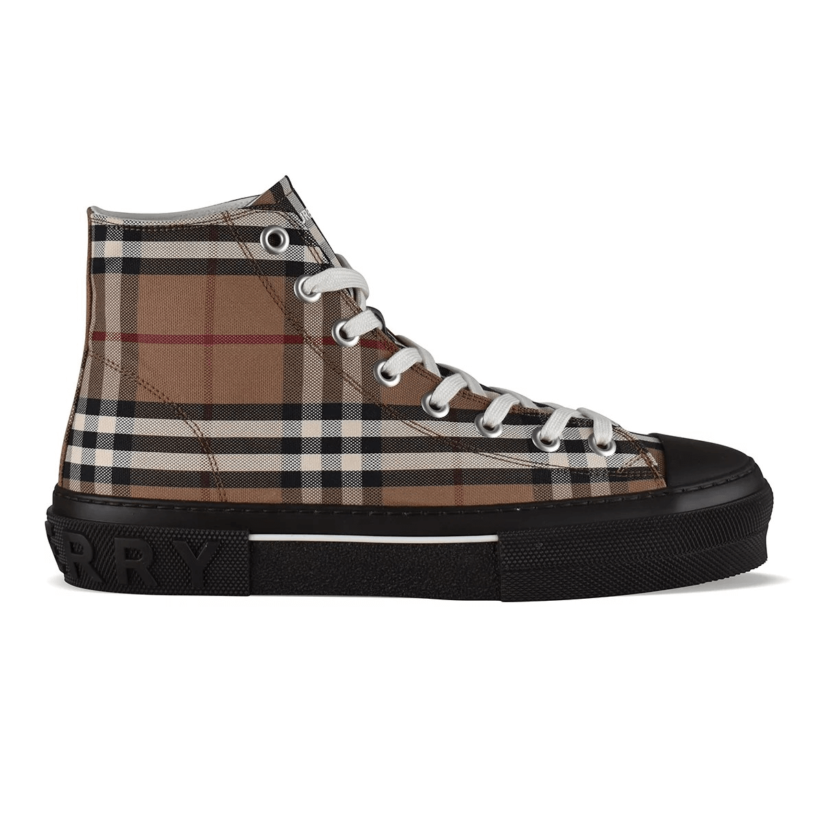 Sneakers alte e basse Burberry con tela stampata e suola nera, chiusura con lacci bianchi.