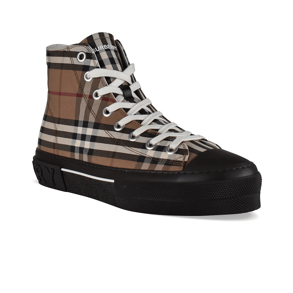 Sneakers alte e basse Burberry con tela stampata e suola nera, chiusura con lacci bianchi.