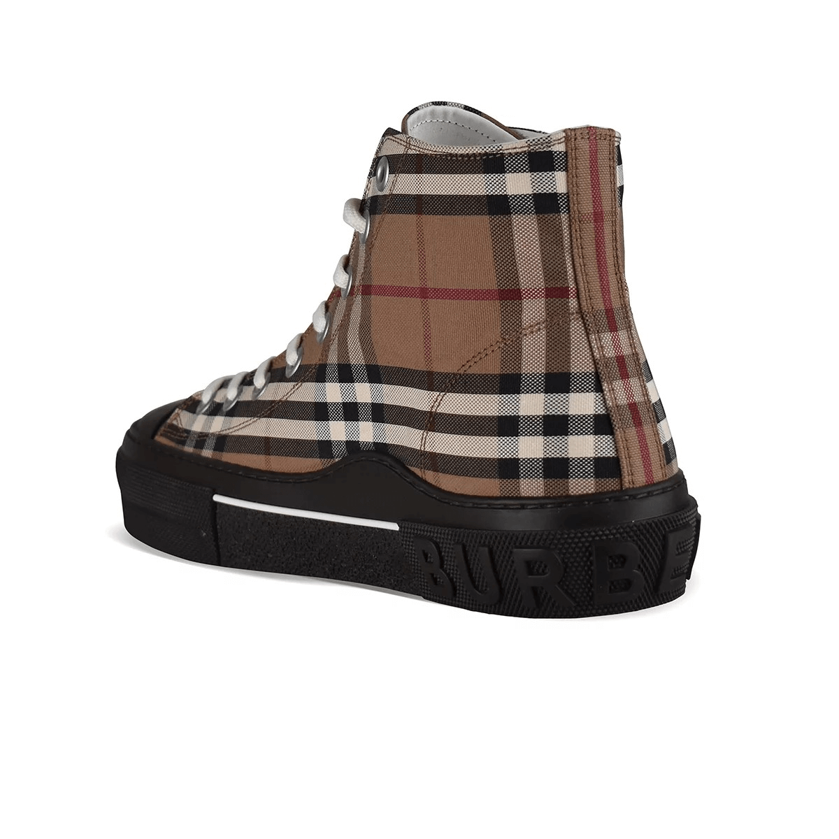 sneakers alte e basse Burberry con tela stampata e suola in gomma nera vista laterale