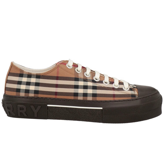 sneakers alte e basse Burberry in tela stampata con chiusura in lacci bianchi e suola in gomma nera.
