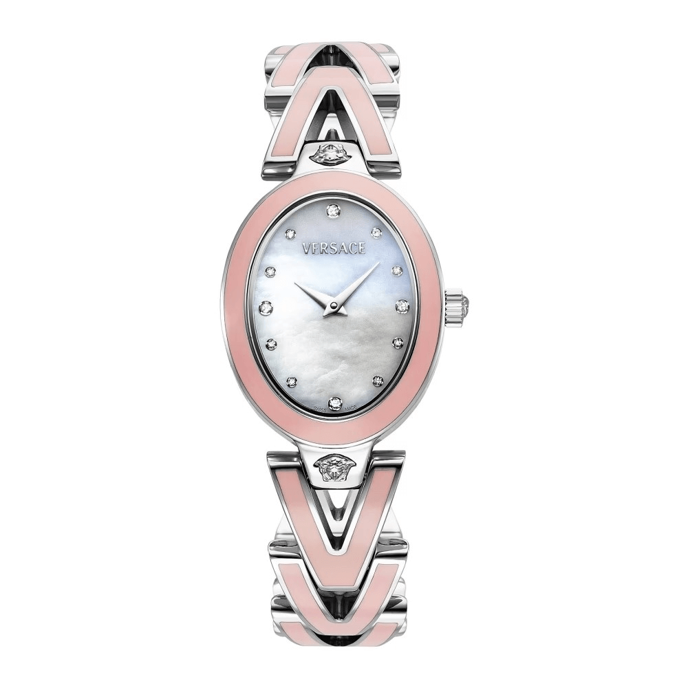 Versace luxury watch 640MNTOROL1D with pink and white design, pearl dial, and diamond accents.