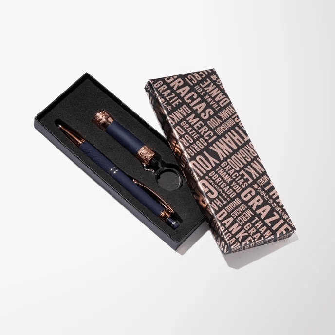 penna regalo penna personalizzata con confezione elegante e penna a sfera in metallo color oro rosa.