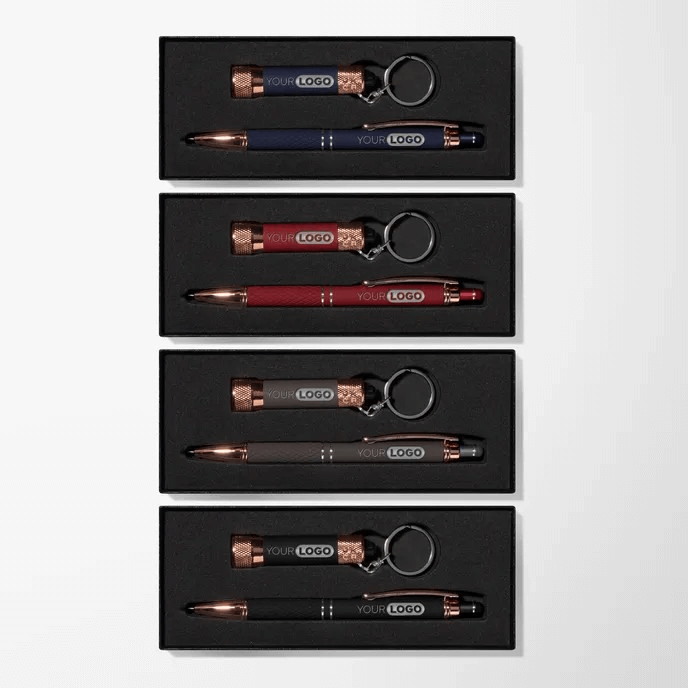 penna regalo penna personalizzata set regalo con penne e portachiavi in diverse colorazioni su sfondo nero