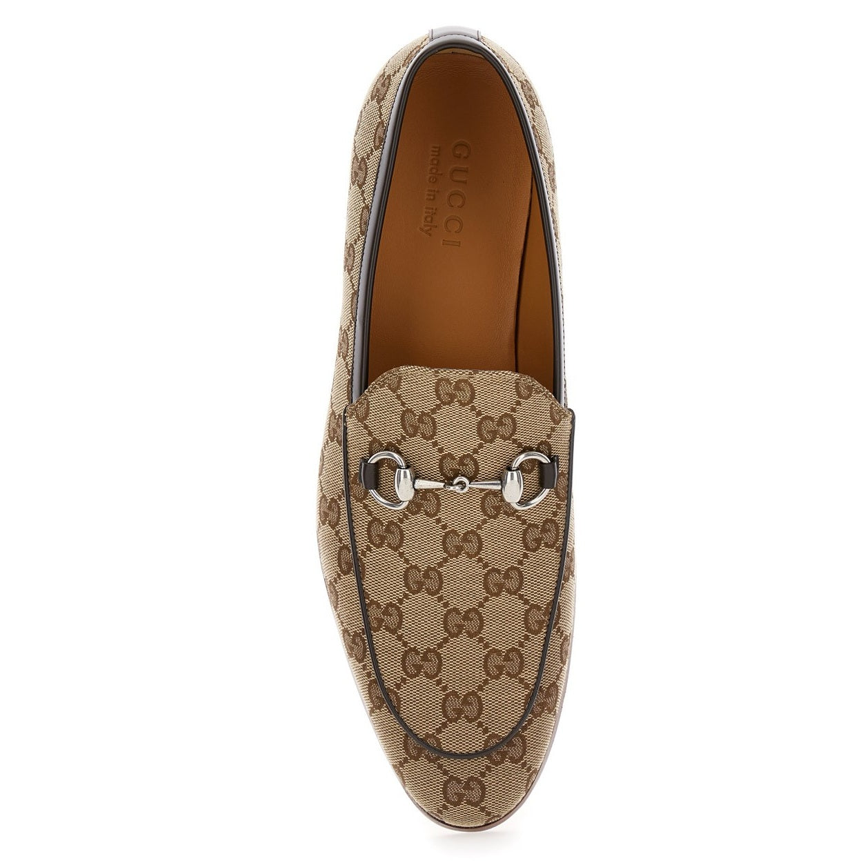 Mocassini Gucci eleganti 890G3D00Z100 in beige ed ebano con punta tonda e dettaglio in metallo.