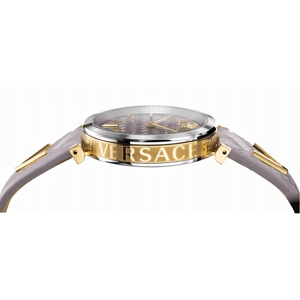Versace luxury watch 490MNTOROL3D featuring a gold-toned case and light pink leather strap.